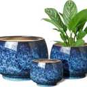 Ceramic Planters Pots, 6+8+10 Inch Plant Pots with Drainage Holes, Modern Flower Pots Indoor Outdoor, Round Large Flower Pots, Blue (Reactive Glaze Blue) Pack of 2