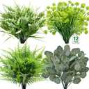12 Bundles 4 Styles Artificial Plants Outdoor Summer Decor, UV Resistant No Fade Artificial Flowers Faux Plants Fern Lavender Eucalyptus Plastic Greenery Shrubs for Outside Porch Garden Home Cemetery
