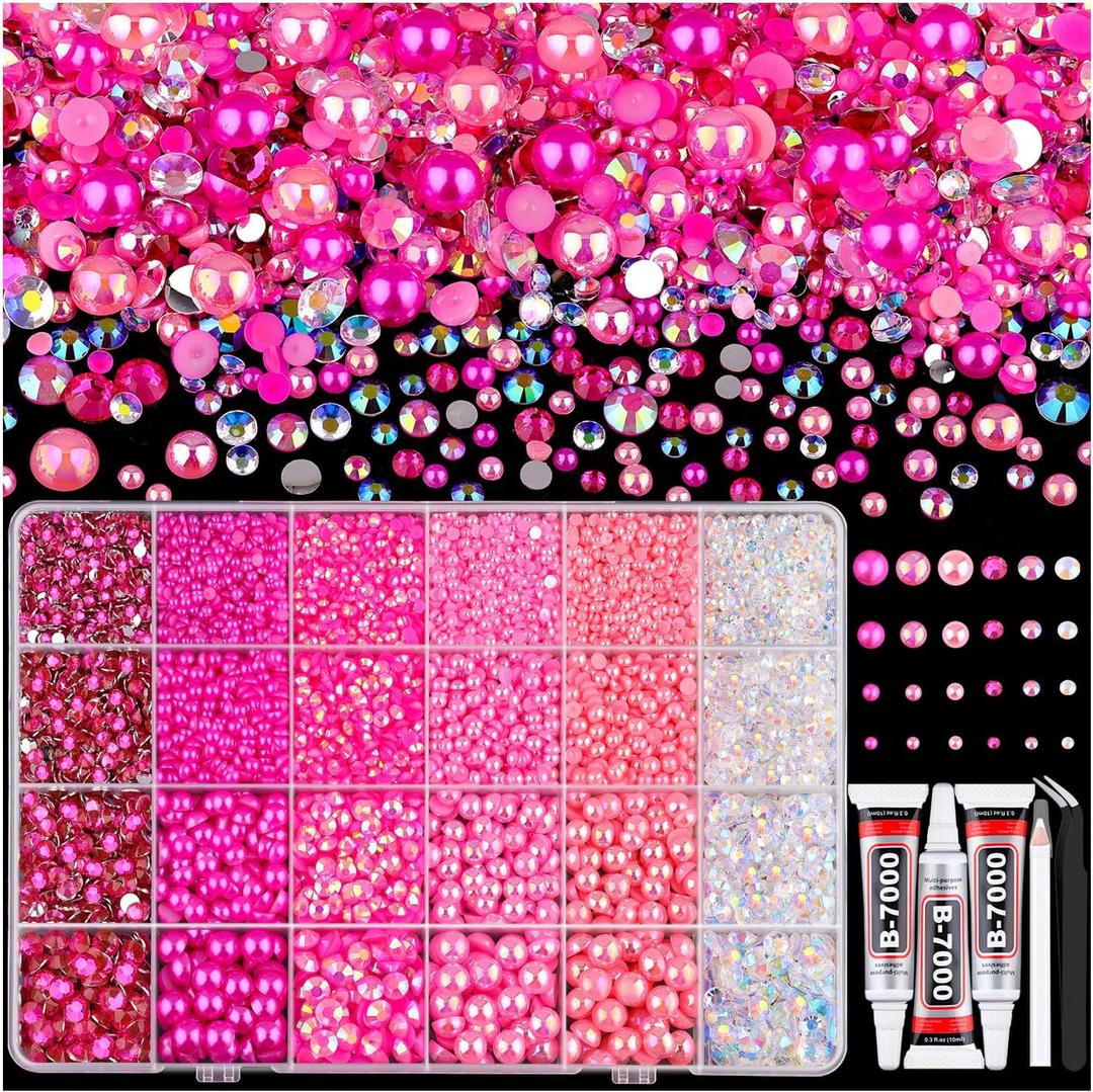 14000PCS Flatback Pearls and Rhinestones for Bedazzling Kit, Hot Pink 3-10mm Resin Pink Rhinestones and Half Pearls for Crafting, Nail Art and Dec with 3pcs B7000 Jewelry Glue