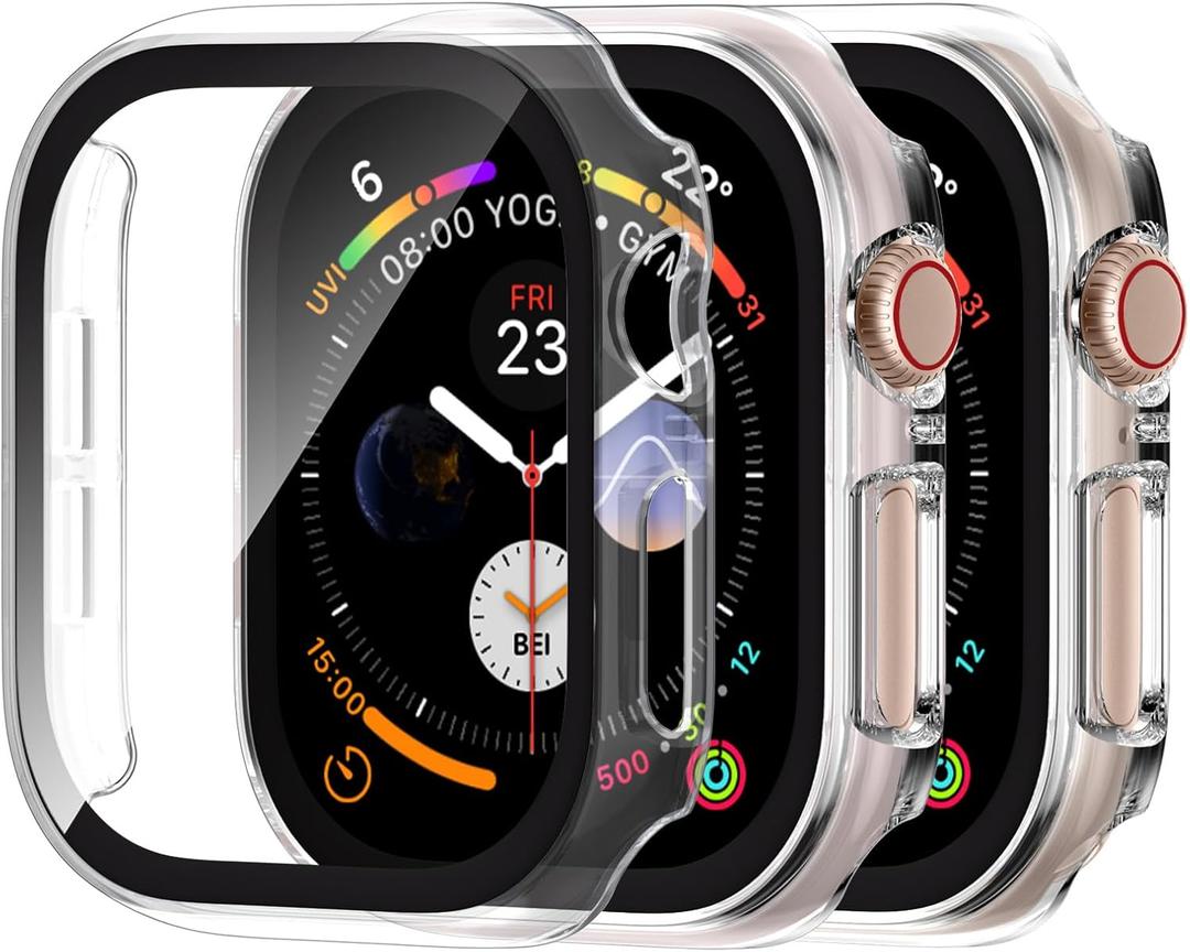 Adorve [3 Pack] Tempered Glass Case for Apple Watch Screen Protector 44mm Series 4/5/6 SE3/2/1, Hard PC Face Cover Overall Protection Anti-Scratch Bumper Cases for iWatch 44mm Accessories, All Clear