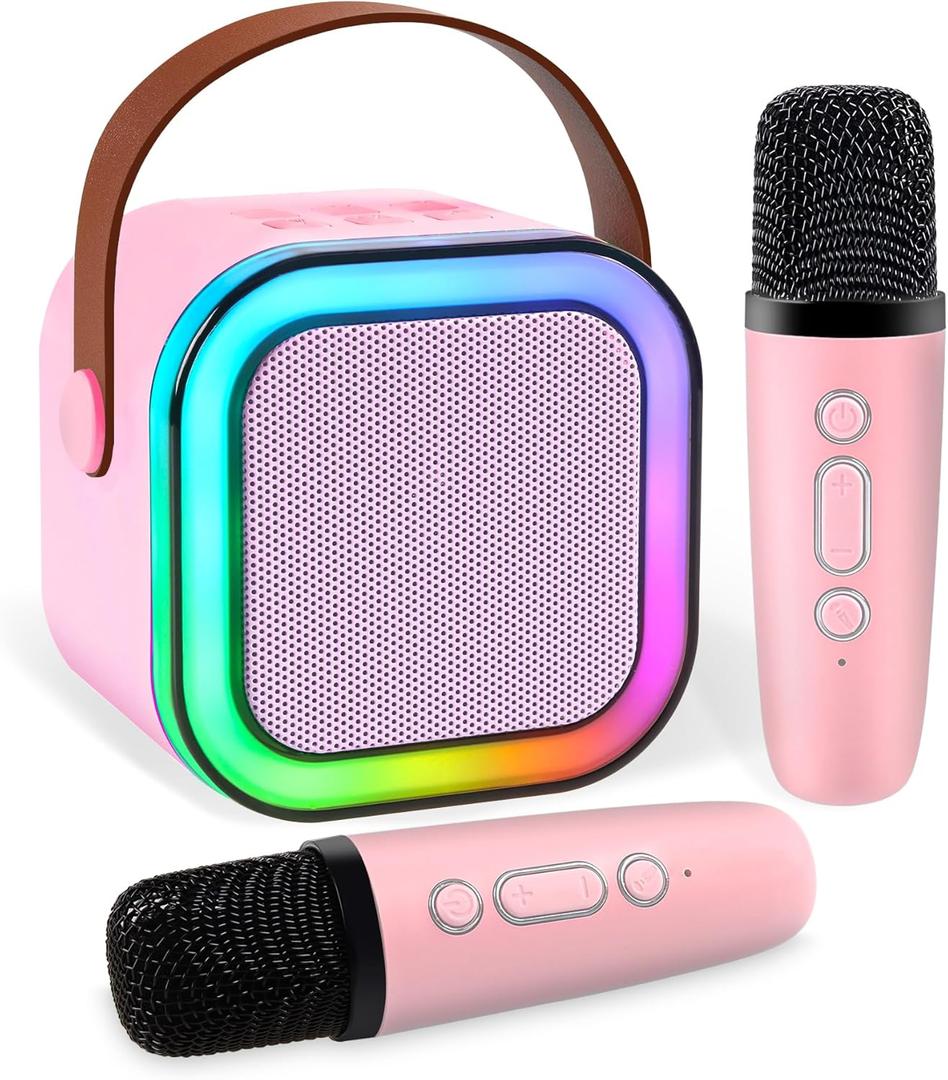 Mini Karaoke Machine,Portable Bluetooth Speaker with 2 Wireless Microphone for Kids Adults with Led Lights,Christmas Birthday Gifts for Girls Ages 4-12 Years Old Support USB/TF/AUX for Home Partypink