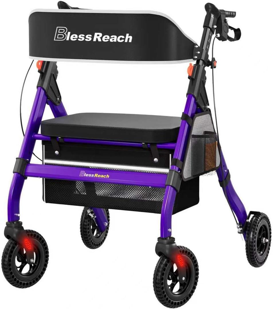 BlessReach Foldable Heavy-Duty Rollator Walker with Seat for Seniors,Purple | Folding Aluminum Rolling Walker, 400 lb Capacity, 8'' Wheels, 18" Big Seat, 6-Position Adjustable Height
