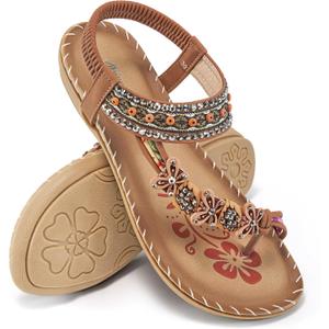 Ablanczoom Flat Sandals for Women Summer: Casual Boho Beaded Toe Ring Dress Shoes - Comfortable Vacation Daily Walking Shoes