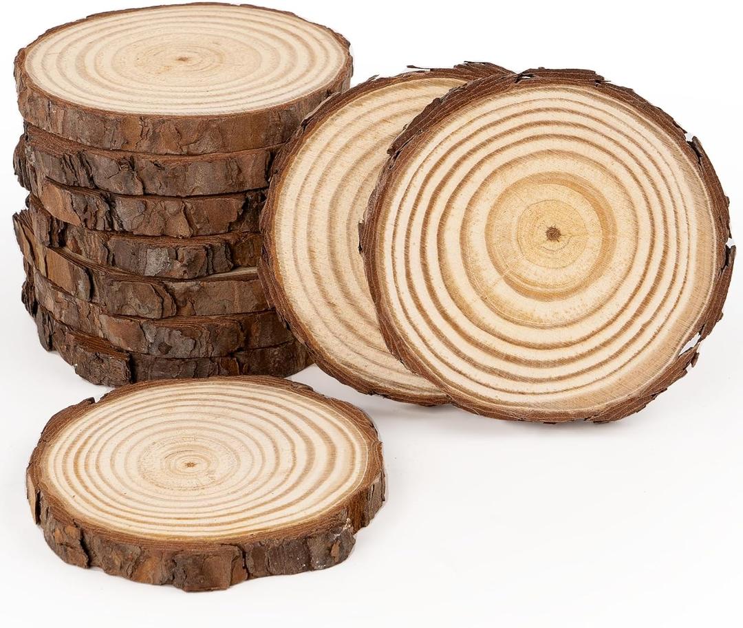 Ilauke Wood Slices with Bark, 10 Pcs 3.5''-4'' Unfinished Natural Wood Rounds Craft kit, Wood Circles for Arts Paint DIY Coasters Ornaments Christmas Crafts Rustic Wedding Decorations