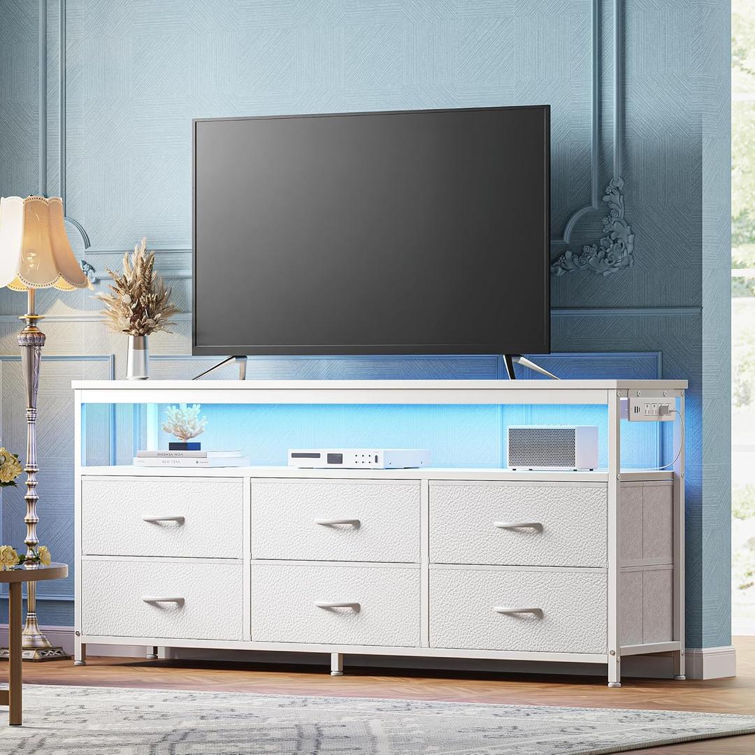 Huuger LED TV Stand for Bedroom, 55 Inch Fabric Dresser with Power Outlets, Entertainment Center for 60, 55, 50 Inch TV, 6 Drawer Dresser for Bedroom, Chest of Drawers with Shlef, PU Leather, White, 54 inch