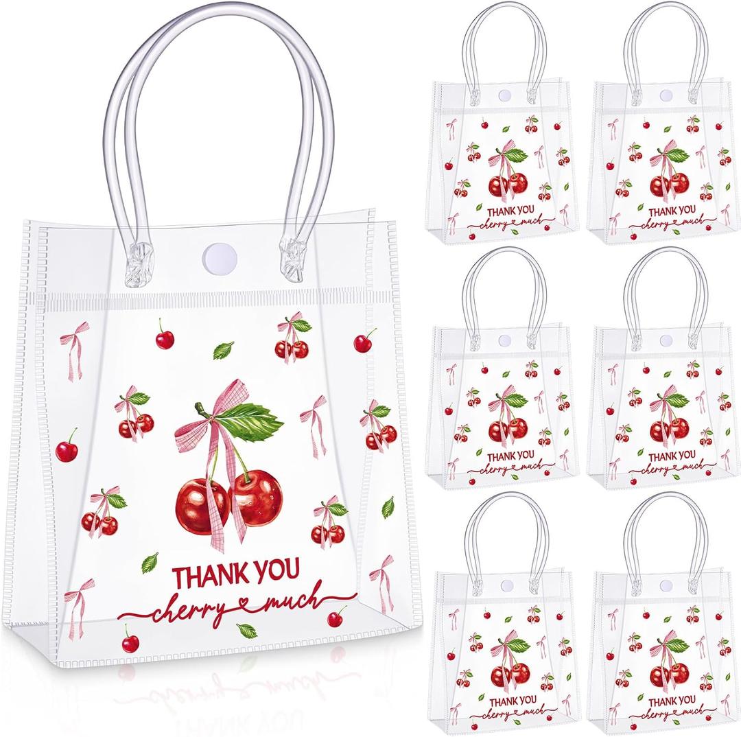 Kolldenn 24 Pcs Cherry Clear Plastic PVC Gift Bags with Handles Cherry Party Favor 5.9 x 2.8 x 6.3 Inches Shopping Handbags Candy Themed Goodie Holder Party Supplies Birthday Treat