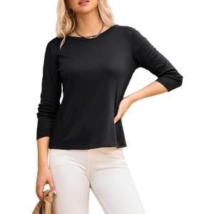 Dokotoo Long Sleeve Shirts Crewneck Womens Tops 2025 Fall Outfits Comfort Basic Tees Fashion Clothing (S)