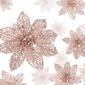 WILLBOND 36 Pieces Christmas Poinsettia Flowers Artificial Ornaments Glitter Christmas Decorations Tree Wedding New Year(Rose Gold)