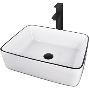 Ceramic Bathroom Sink, White 19" x 15" Above Counter Porcelain Vessel Sink with Black Faucet and Pop up drain Set, Rectangle