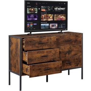 Lyromix Wood Rustic Dresser with 6 Drawers, Wide 48'' Brown TV Stand for Bedroom, Mid Century Modern Drawer Chest with Antique Finish, Perfect for Living Room Storage, 48.5"x15.7"x31"