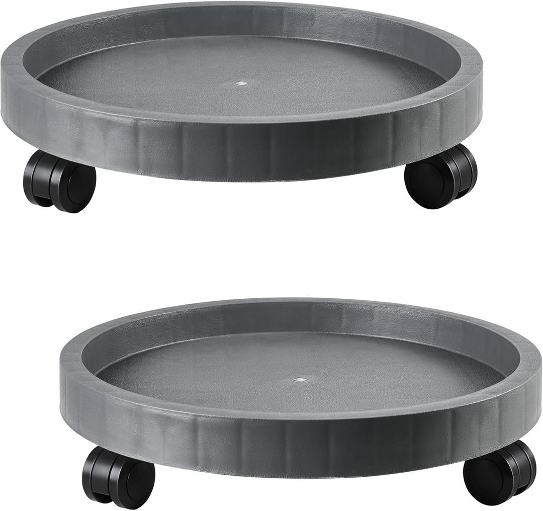2 Pack of 14.2 Inch Planter Caddies Rolling Saucer Caddy with Wheels, Heavy Duty Wheeled Stand for Potted Plant, Round Coaster Roller Base Tray with Casters, Flower Pot Dolly Holder for Indoor Outdoor (Gray)