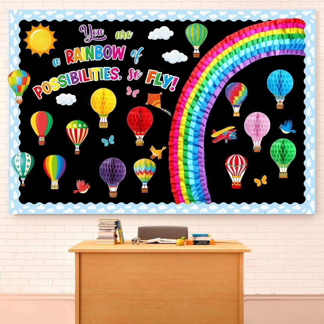 Janlaugh 3D Hot Air Balloon Bulletin Board Decorations Rainbow of Possibilities Classroom Decor Balloon Fly Theme Bulletin Board Cutouts Honeycombs Cloud Borders Back to School Preschool Kindergarten