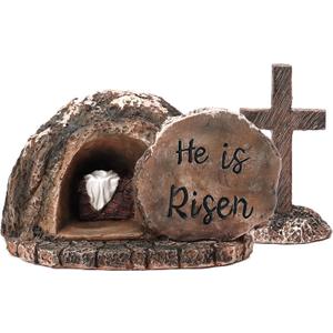 Easter Decor Empty Tomb with Cross - Decorations for Home He is Risen Statue : Nativity Scene Set Religious Jesus Manger Resin Table Tabletop Shelf Indoor Outdoor Gifts for Christian Home Decor