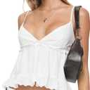 Verdusa Women's Ruffle Babydoll Tops Shirred Camisole Tops Backless Peplum Tops (White, L)