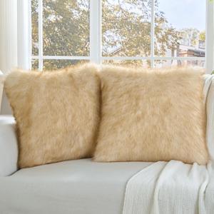 FUTEI Pack of 2 Faux Fox Fur Throw Pillow Covers 18x18 Inch Soft Fluffy Decorative Cushion Case Modern Farmhouse Accent for Couch Bed Living Room, Brown White