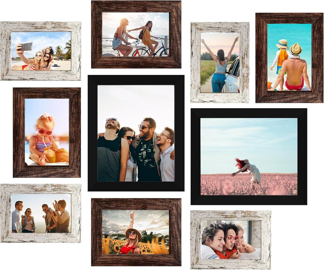 LUCKYLIFE Picture Frame Set 10-Pack, Gallery Wall Frame Collage with 8x10 5x7 4x6 Frames in 3 Different Finishes (Black & Brown & Distressed white)