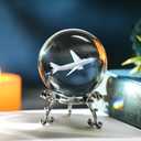 HDCRYSTALGIFTS 60mm 3D Lase Engraved Airplane Crystal Ball with Stand Glass Sphere Plane Paperweight Decor Pilot Gifts for Men Women