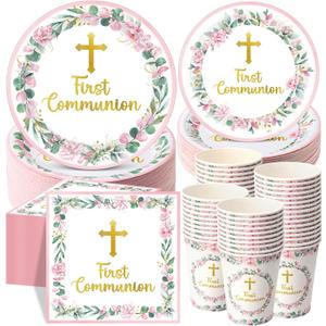 Pickmesh 250 Pcs Pink First Holy Communion Disposable Tableware Set God Bless Baptism Disposable Paper Plates Napkins and Cups for Girls Christening Celebration Baby Shower Religious Supplies Serve 50