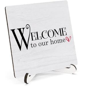 HSIASHENG Welcome to Our Home Wooden Sign Decor 5"X5", Housewarming Welcome Home Wooden Desk Table Decor Stand Sign, Family Decorative Gifts for Woman Man Couple