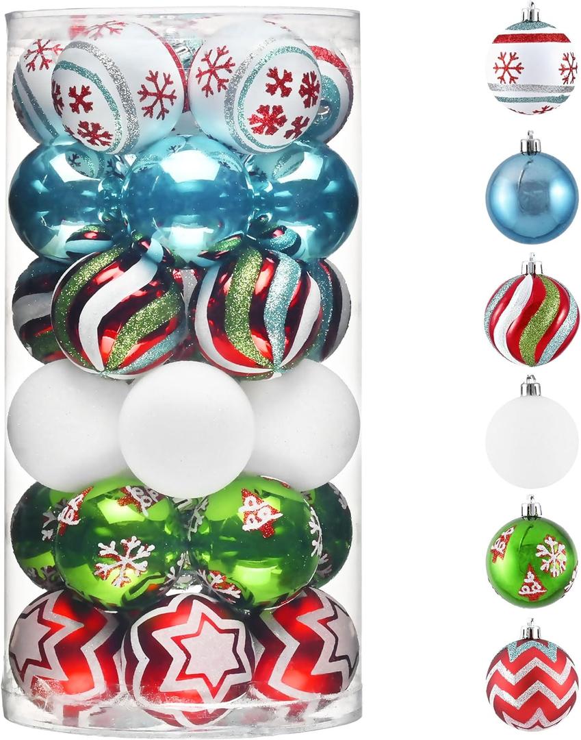 Valery Madelyn Christmas Ornaments Tree Decorations, 30ct Colorful Red Green Blue Shatterproof Christmas Ball Ornaments Set, 2.36 Inch Rainbow Hanging Ornament Bulk for Xmas Holiday Party Decor