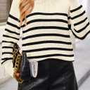 KIRUNDO Women's Striped Sweaters 2024 Fall Winter Outfits Crewneck Ribbed Knit Pullover Trendy Tops with Metal Buttons (Beige White, Medium) (M)