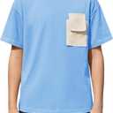 Boys Short Sleeve T Shirts Kids Fashion Crewneck Casual Tees Tops with Flap Chest Pocket 5-14 Years (Blue)