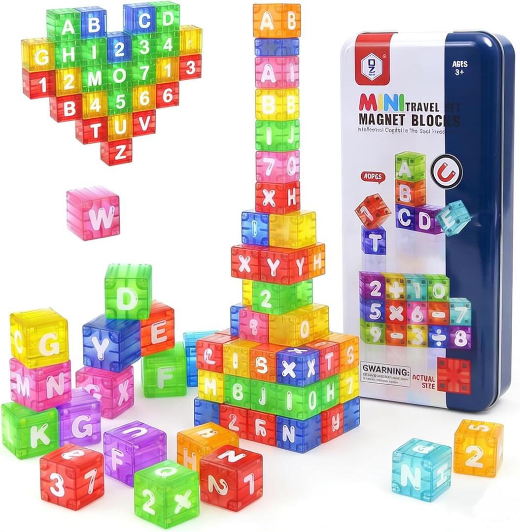 XNYV Magnetic Alphabet Blocks 40pcs - Educational STEM Learning Toys for Kids 3-8 | Portable Travel Letter Number Math Kit | Montessori Preschool Gifts Boys Girls