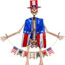 3 Pcs 12 ft Skeleton Accessories 4th of July Skeleton Hat, Vest, USA Banner Outfit Set Giant Sized Skeleton Costume Clothing for Patriotic Garden Lawn Outdoor Decor