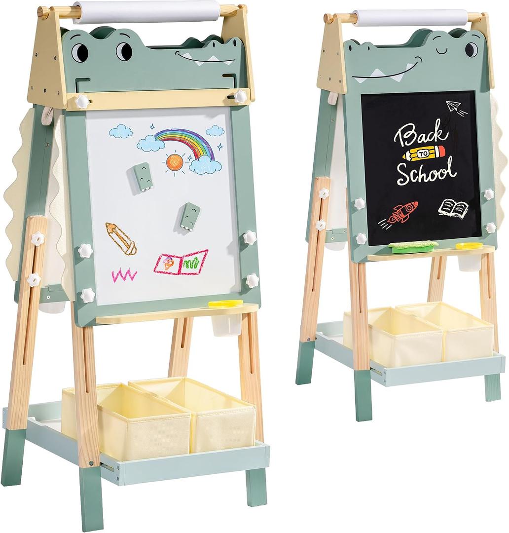 ROBOTIME Alligator Easel for Kids - 3-in-1 Adjustable Height Wooden Children Easel with Magnetic Whiteboard, Chalkboard & Paper Roll Holder, Fun Kid's Art Station for Boys & Girls Ages 3~12 Years, 3.5 Feet X 21.46 Inches X 18.5 Inches