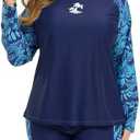JOYBIK Women Plus Size Two Piece Long Sleeve Rash Guard Sets Built in Bra Swim Shirt Top and Shorts with Pockets UPF50+, Size: 2XL