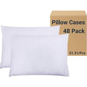 48 Pack Pillow Cases Standard Size with Envelope Closure - Soft Brushed Microfiber Fabric - Bulk Pillowcases for Hotel, Airbnbs, Hospital, Therapy Clinic, Fabric Marker (20x26, White)