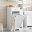 SoBuy Slim Tilt-Out Laundry Hamper Cabinet, Small Pull-Out Bathroom Storage Unit with Shelf & Drawer, Narrow Hidden Basket Chest Bath Cupboard, White BZR21-W, 15"D x 15.7"W x 35.4"H