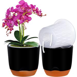 QCQHDU 2 Pack 5.7 Inch Orchid Pots with Holes for Repotting, Double-Layer and Self Watering Orchid Pot with Good Air Circulation (Black & Brown)