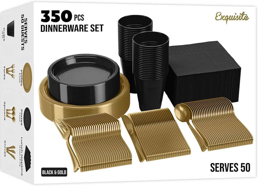 350 Pcs Black & Gold Plastic Plates For Party, Black & Gold Disposable Plates Set, 50 Of Each 9" Dinner Plate Set, 7" Dessert Plate, Cups, Napkins & Cutlery Plastic Dinnerware Party Solids