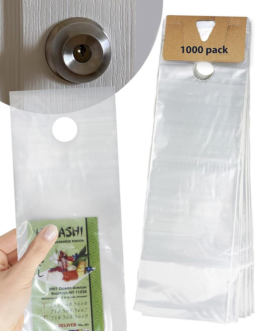 Skywin Plastic Door Hanger Bags 6 x 19 (1000 Pack), Clear Door Hanger Bags Protects Flyers, Brochures, Printed Materials - Waterproof and Secure for Outdoor Use
