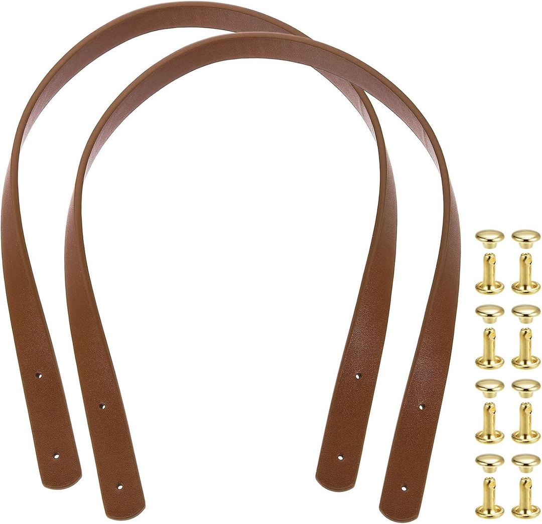uxcell 2Pcs Leather Bag Handles, 23.6" Replacement Handle PU Leather Sew on Shoulder Purse Straps with Rivets for DIY Tote Bag Making Wallet Handbag Repair, Dark Brown