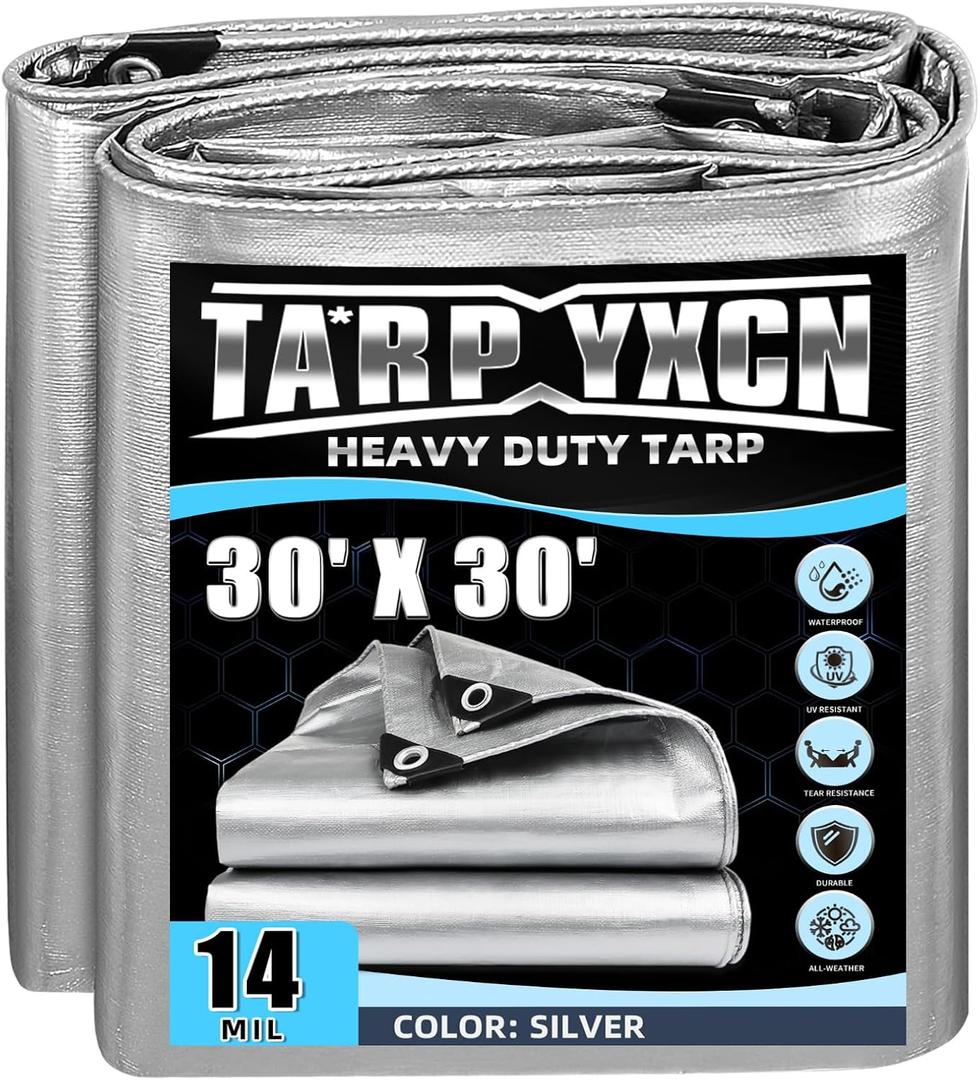 Heavy Duty Tarp 30x30 Feet, 14 Mil Waterproof Poly Tarps Cover UV Resistant, Rip & Tear Proof with Metal Grommets Every 20 Inches Silver Tarp by TA*RP YXCN