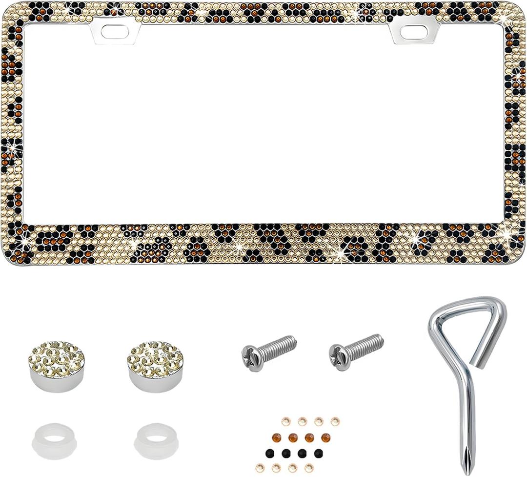 Bling License Plate Frame, Sparkly Rhinestone Car Tag Cover with Mounting Kit, Stainless Steel & Obstruction-Free Crystal Auto License Plate Holder for Women, Car Accessories (Leopard Print)