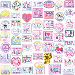 50 Pcs Themed Iron on Patches Applique with Words Embroidered Sew on Cloth Colorful Multiple Styles Patches for Clothes Hats Backpacks Jackets Accessories Souvenirs Gifts(Pink Bible)