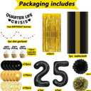 25th Birthday Party Decorations for Women - Black "Quarter Life Crisis" Banner, Number 25 Balloons, Cupcake Toppers, Tablecloth and Tissue Pom Poms - Chic 25th Party Supplies (Black&Gold)