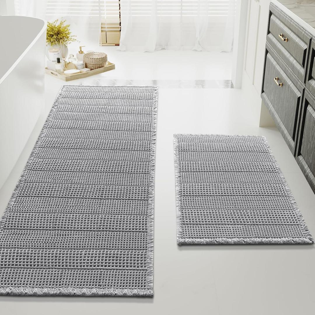 H.VERSAILTEX Waffle Bath Mat Super Absorbent Bathroom Mats Non Slip Bath Rugs for Bathroom Floor Machine Washable Ultra Soft Bathroom Rugs for Beside Tub, (32 x 20 Plus 24 x 60 - Inches, Dove)