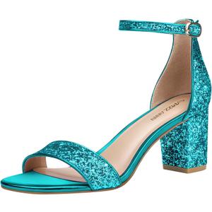 PIZZ ANNU Women's Open Toe Ankle Strap Low Block Chunky Heels Sandals Party Dress Pumps Shoes Strappy Buckle Sandals with 2.6" Tall Thick Heel Design,  6, Blue Sequin