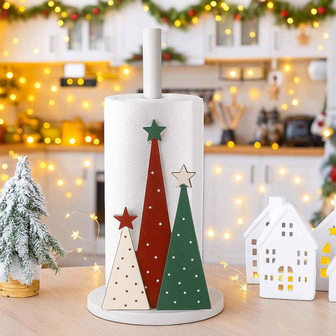 Geelin Christmas Paper Towel Holder Cute Christmas Kitchen Decoration Wooden Towels Paper Holder Stand for Kitchen Countertop Bathroom Home Farmhouse Winter Xmas Decor(Xmas Tree)