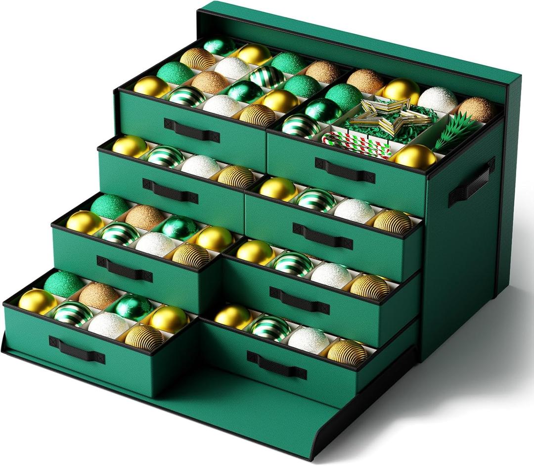 Christmas Ornament Storage Box, Ornament Organizer Storage box with Lids and Adjustable Dividers, Store Up to 128-3" Ornaments, Large Holiday Decor Storage Container with 8 Stackable Trays, Green