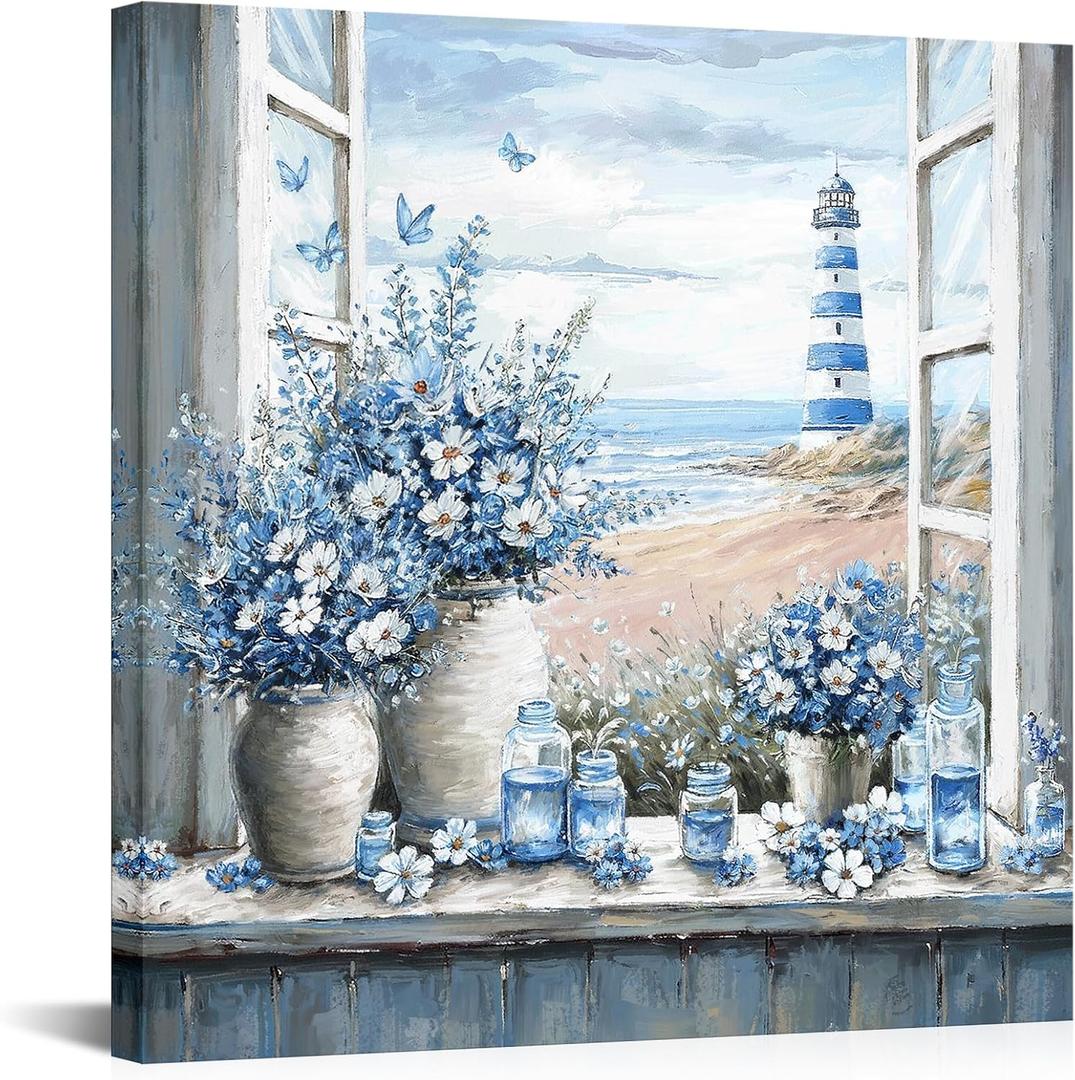 HOMEOART Lighthouse Canvas Wall Art Ocean Beach Seascape Decor Art Prints Framed Coastal Picture,Blue Bathroom Decor,Beach Bedroom Living Room Decoration Artwork 24inchx24inch