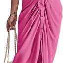 Women Elegant Satin Button Down Short Sleeve Maxi Shirt Dress with Belt (Pink, XL)