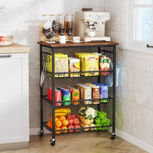 SWTYMIKI Rolling Kitchen Storage Cart  4 Tier Microwave Table Stand with 6 Storage Baskets, Coffee Bar with Wheels, Kitchen Utility Cart Shelf Rack Organizer for Fruit, Vegetables, Potato (Brown)