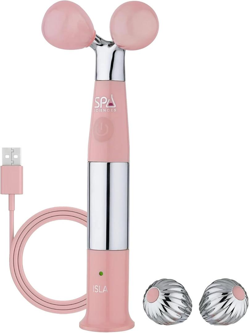 Spa Sciences ISLA Ice + Heat Contouring Roller (Face, Neck, and Dcolletage)  Including Steel + Bonus Genuine Rose Quartz Globes