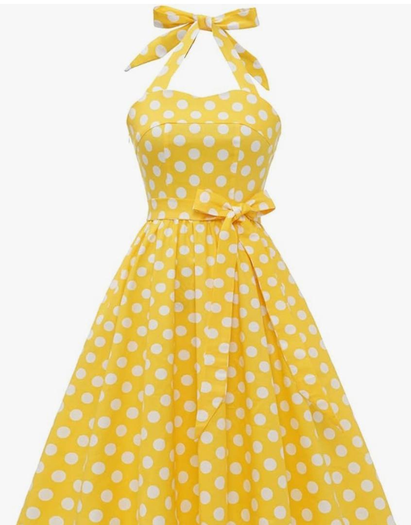 Women Halter Neck 50s Vintage Polka Dot Cocktail Swing Dress Retro Pinup 1950s Audrey Hepburn Rockabilly Prom Dress Lace Up Backless A-Line Wedding Formal Party Casual Belt Dresses Halter-Yellow SizeM