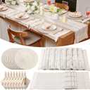8 Sets Boho Placemats Set Round Woven Placemats, Cloth Napkins, Wood Bead Napkin Rings, White Table Runner with Tassel and Farmhouse Rustic Cotton Burlap for Kitchen (Style 1)